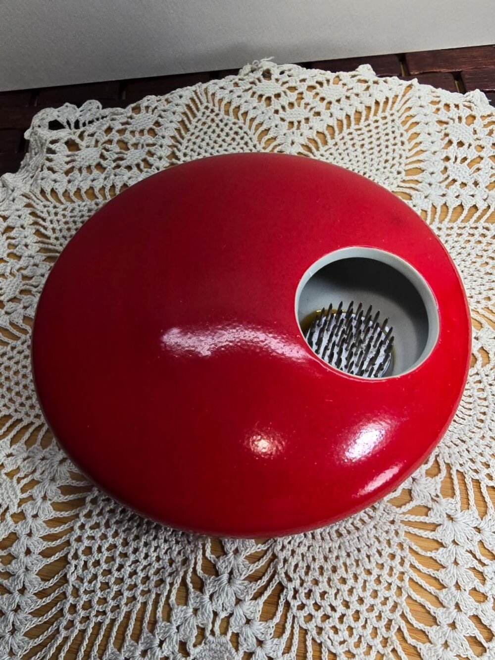 Vintage Ikebana Round UFO Style Vase Flower Frog Pottery Red Glaze MCM Heavy